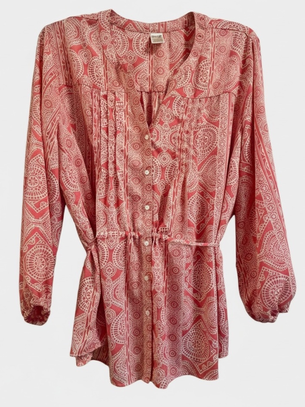 Terra & Sky Coral-Pink Printed Button Tunic with Waist Tie